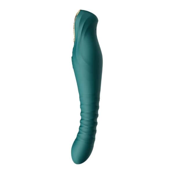 Packshot Vibrator Grün aus Silikon und ABS-Kunststoff kombiniert 8 pulsierende Modi und 4 vibrierende Modi in einem imposanten und raffinierten Design er ist spritzwassergeschützt