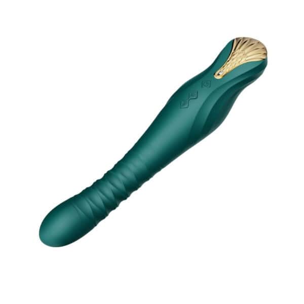 Packshot Vibrator Grün aus Silikon und ABS-Kunststoff kombiniert 8 pulsierende Modi und 4 vibrierende Modi in einem imposanten und raffinierten Design er ist spritzwassergeschützt