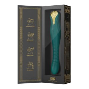 Packshot Vibrator Grün aus Silikon und ABS-Kunststoff kombiniert 8 pulsierende und 4 vibrierende Modi in einem imposanten und raffinierten Design er ist spritzwassergeschützt in seiner Schachtel mit luxuriöser Verpackung