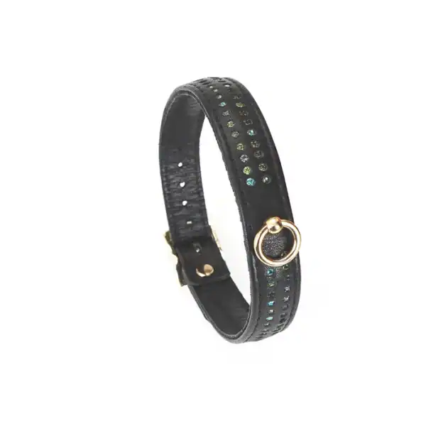 Collar ajustable de cuero vacuno negro con strass multicolor Correa de cuero y metal dorado