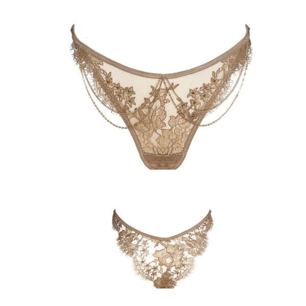 Aimée - CELINE-MARIE bra at Brigade Mondaine Paris Aimée bra by CELINE-MARIE, selected by Brigade Mondaine Paris, in embroidered tulle with fine chain details, worn by one model, highlighting the transparency, structure and finishes of the design.