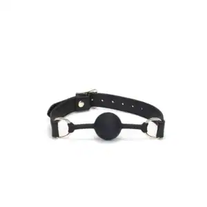 Bâillon Boule GAG en Cuir noir lisse avec boule en silicone sangle réglable détail en métal Doré