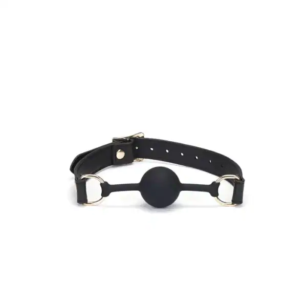Bâillon Boule GAG en Cuir noir lisse avec boule en silicone sangle réglable détail en métal Doré