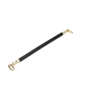 Rigid spreader bar sheathed in black cowhide with gold-plated metal quick-release rings