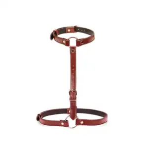 Harnais avec Collier et Menottes de Poignets en Cuir de Vache Rouge vin Détails Rose Gold