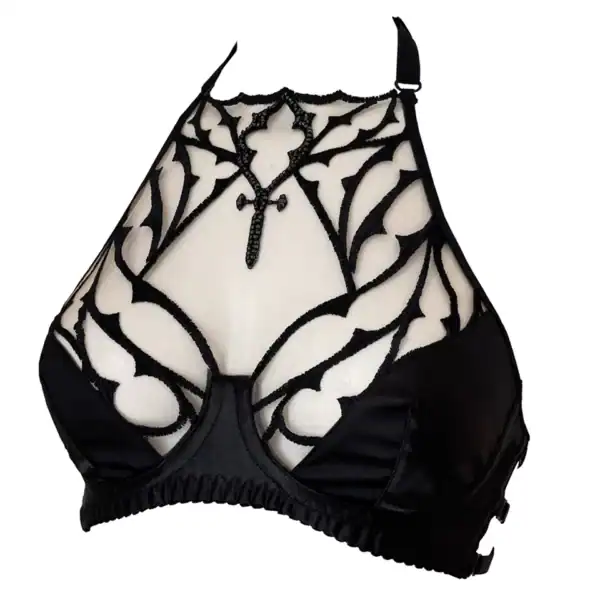 VIDE NOIR - BH Dogma Gothic-BH aus nudefarbenem, schwarz besticktem Tüll mit facettierten Perlen. Halbschalen aus schwarzem, gefüttertem Satin und verstellbarer Halfterkragen. Dramatische Eleganz und bequemer Halt.