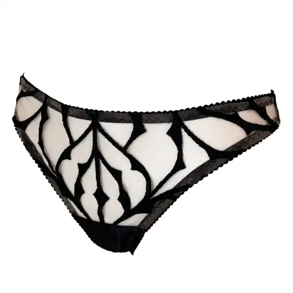 VIDE NOIR - Dogma Tanga bragas Tanga de talle bajo en tul nude bordado negro, con detalle de triángulo de satén en la parte delantera. Espalda minimalista en suave tul. Braguita vegana ligera y cómoda.