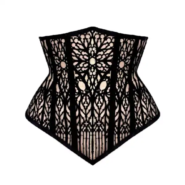 VIDE NOIR - Corset Cathédrale Effet Tatouage Corset underbust gothique en tulle nude orné de velours noir, avec baleines acier et doublure en velours. Inspiré des formes gothiques. Silhouette structurée et confort assurés.