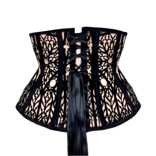 VIDE NOIR - Corset Cathédrale Effet Tatouage Corset underbust gothique en tulle nude orné de velours noir, avec baleines acier et doublure en velours. Inspiré des formes gothiques. Silhouette structurée et confort assurés.