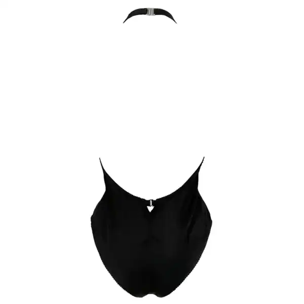 Bestickter Gothic-Body aus nudefarbenem Tüll, Stehkragen und V-Ausschnitt mit Illusionseffekt. Details aus schwarzem veganem Satin und Neckholder. Spitzenstück der DOGMA-Kollektion von Videnoir.