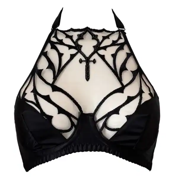 VIDE NOIR - BH Dogma Gothic-BH aus nudefarbenem, schwarz besticktem Tüll mit facettierten Perlen. Halbschalen aus schwarzem, gefüttertem Satin und verstellbarer Halfterkragen. Dramatische Eleganz und bequemer Halt.