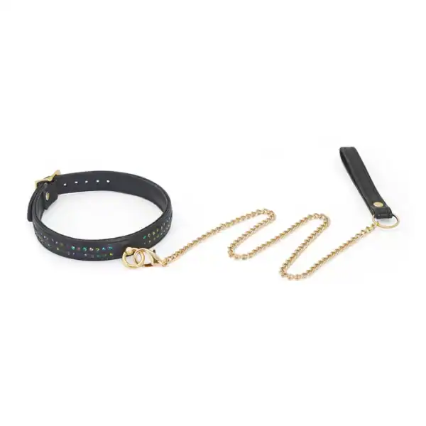 Collar ajustable y correa desmontable de cuero de vaca negro con strass multicolor Metal dorado y correa de cuero