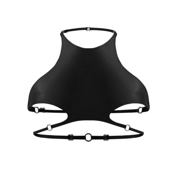 Top Stellare en biflex double signé Anoeses, dos nu avec bretelles réglables ornées d’anneaux métalliques – coupe graphique, maintien ajusté, fabrication artisanale.