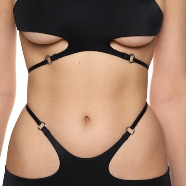 Stellare double biflex top by Anoeses, bare back with adjustable straps adorned with metal rings - graphic cut, snug fit, handcrafted.