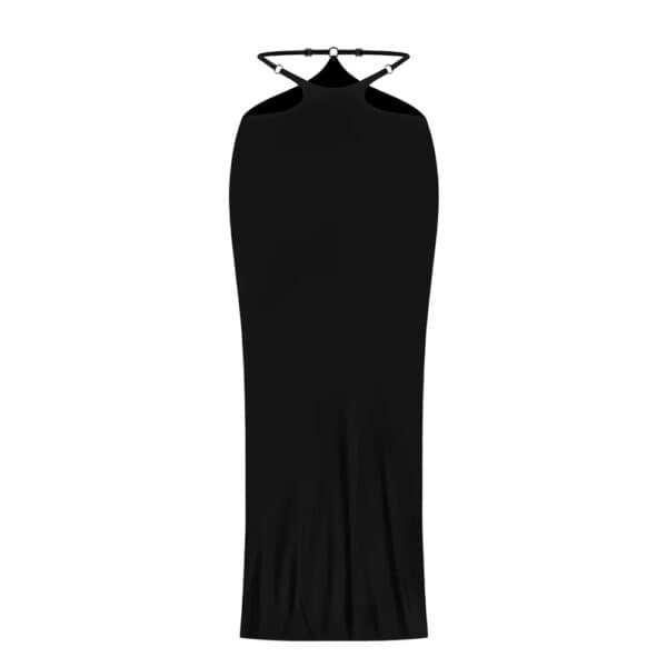 Long skirt in flowing, stretchy biflex by Anoeses, adorned with metal rings and featuring an adjustable high slit - a sensual, handcrafted creation.