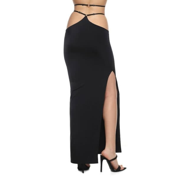 Long skirt in flowing, stretchy biflex by Anoeses, adorned with metal rings and featuring an adjustable high slit - a sensual, handcrafted creation.
