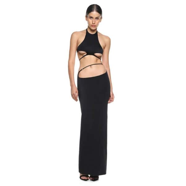 Stellare Anoeses set featuring a halter top with adjustable straps and a slit skirt in fluid biflex - graphic design, metal rings, sensual cut and handcrafted.