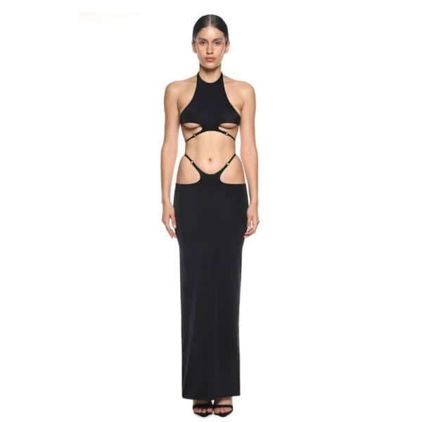 Stellare Anoeses set featuring a halter top with adjustable straps and a slit skirt in fluid biflex - graphic design, metal rings, sensual cut and handcrafted.