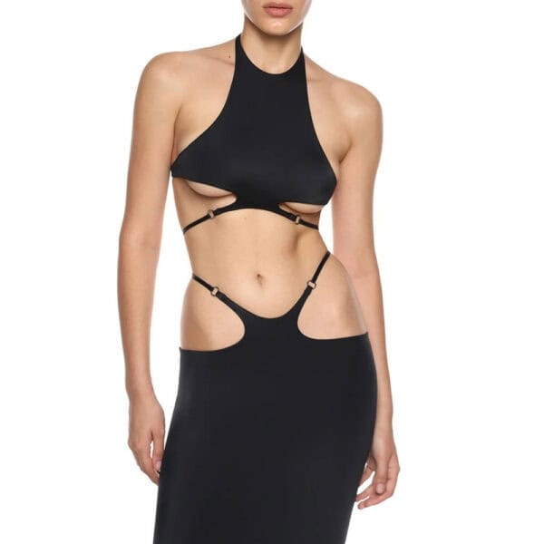 Stellare Anoeses set featuring a halter top with adjustable straps and a slit skirt in fluid biflex - graphic design, metal rings, sensual cut and handcrafted.