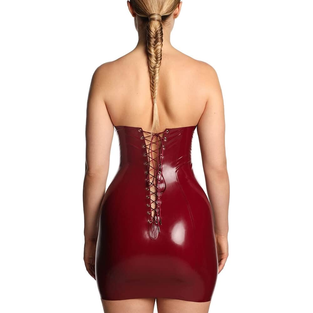 Vestido Anoeses Impulse Látex Vestido “Impulse” sin tirantes de látex burdeos de ANOESES, con espalda con cordones, finos tirantes desmontables y acabado ultra entallado: una creación sensual, artesanal y ética.