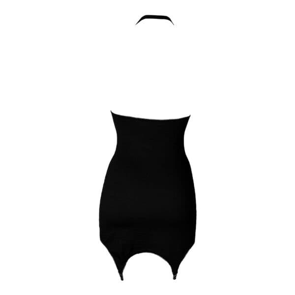 Super eng anliegendes Aphrodite-Minikleid mit Brustausschnitten, Neckholder, schmalem Neckholder, Picot-Gummiband, Strapsgürtelverschlüssen und silberner Hardware.