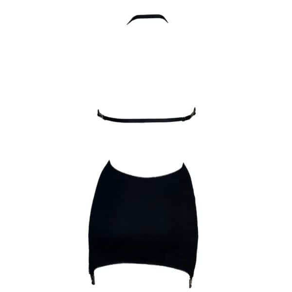 Hedone dress in soft stretch jersey, bold front cutouts, plunging back, adjustable neck and back ties, integrated garter clips for flexible style.