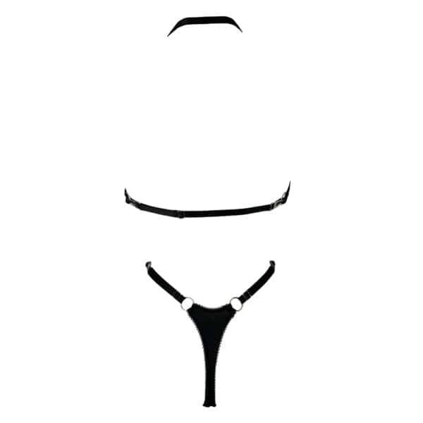 Kalypso-Body aus weichem, dehnbarem Jersey mit klaren Ausschnitten, schwarzen Samt-Akzenten, Metallringen und verstellbaren Trägern für einen sinnlichen und grafischen Stil.