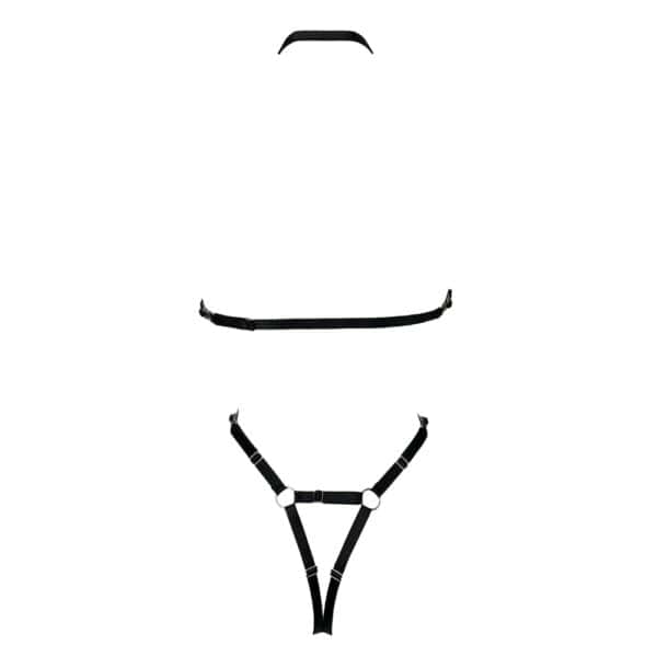 Body Peitho en jersey extensible à effet seconde peau, élastique picot, bretelles réglables et amovibles, ouvert à l’entrejambe pour un style audacieux et libre.