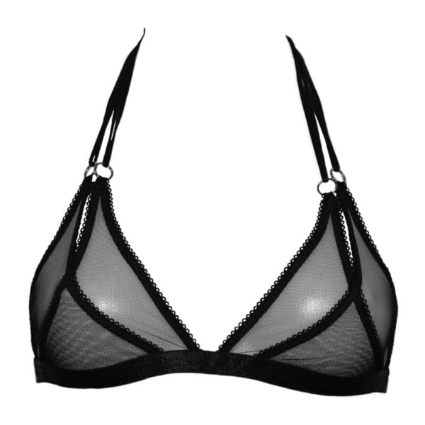 Weicher Nyx-BH aus schwarzem, gekreuztem Tüll mit einem hinter dem Nacken gebundenen Spaghetti-Elastikband und silbernen Metallringen für einen verspielten Touch.