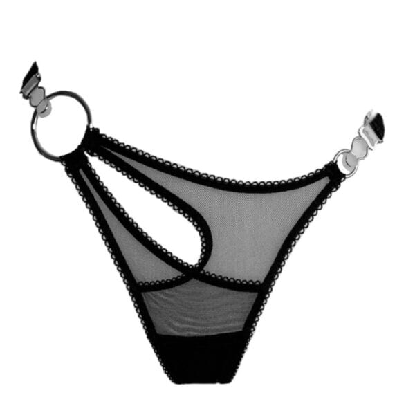 Dione String aus gekreuztem Tüll mit Picot-Gummiband, silbernen Ringen, verstellbaren Seiten und Strapshaltern. Strukturiertes und sinnliches Design.
