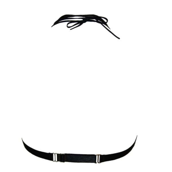 Weicher Nyx-BH aus schwarzem, gekreuztem Tüll mit einem hinter dem Nacken gebundenen Spaghetti-Elastikband und silbernen Metallringen für einen verspielten Touch.