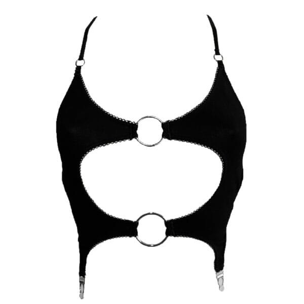 Soft Eros bra in stretch jersey with open cut, picot elastic, silver metal rings, knotted back and adjustable straps for a perfect fit.