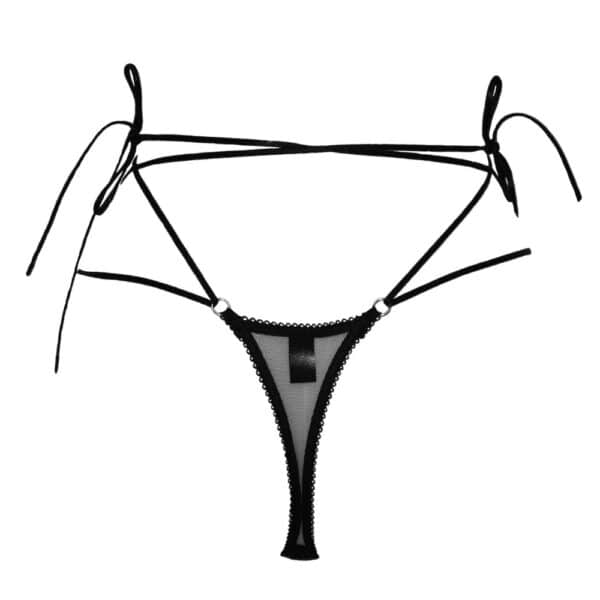Ione String aus transparentem Mesh mit Picot-Gummiband, gekreuzten Spaghettibändern an der Taille, silberfarbenen Metallringen, limitierte Auflage, individuelle Passform.