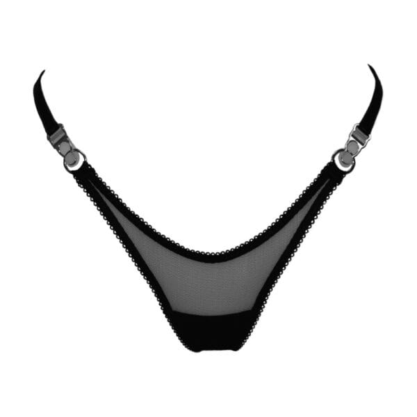 Eos thong in translucent black mesh with picot elastic, silver rings and adjustable sides for perfect support.