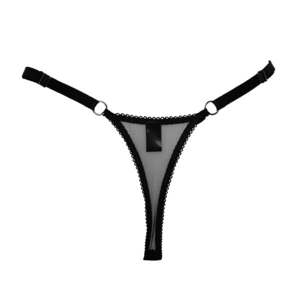 Eos thong in translucent black mesh with picot elastic, silver rings and adjustable sides for perfect support.