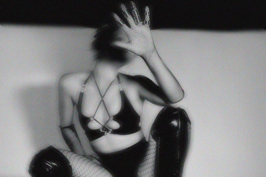 Lethe Intimates piece worn on model, contemporary lines and sleek allure, selection Brigade Mondaine Paris.
