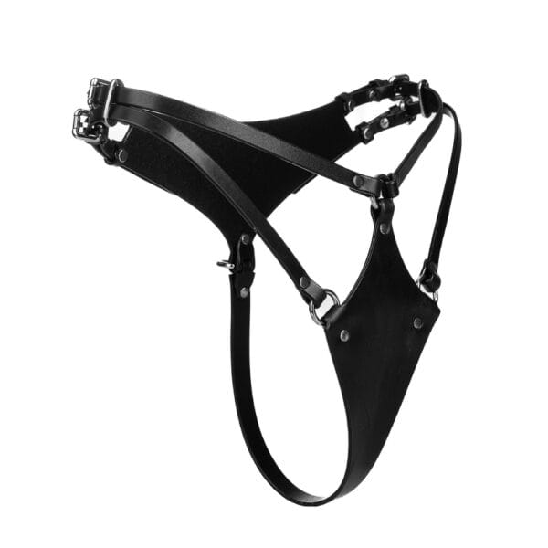 Leather thong Astrea black RE:STRICT Brigade Mondaine Paris Astrea thong in black RE:STRICT leather presented at Brigade Mondaine Paris, scalloped cut, clean lines and neat finishes, photographed in studio.