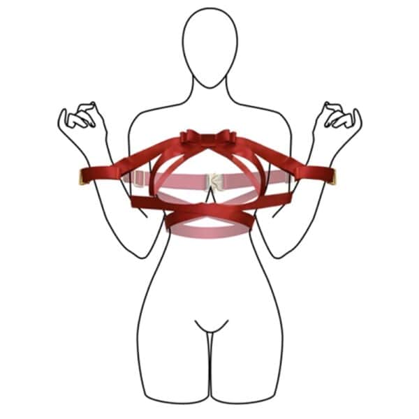 Harnais Bowknot UPKO en sangles noires avec nœud papillon central, encadrant poitrine et bras, équipé d’attaches Velcro – harnais haut du corps esthétique et fonctionnel.