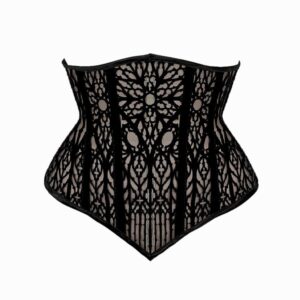 Cathédrale VIDE NOIR proposed by Brigade Mondaine Paris, black high-waist belt in transparent tulle embroidered with graphic motifs inspired by stained glass windows, marked vertical lines and clean finishes.