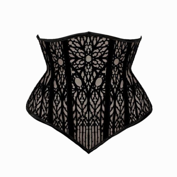 Ceinture Cathédrale VIDE NOIR Brigade Mondaine Paris Ceinture Cathédrale VIDE NOIR proposée par Brigade Mondaine Paris, ceinture taille haute noire en tulle transparent brodé de motifs graphiques inspirés des vitraux, lignes verticales marquées et finitions nettes.
