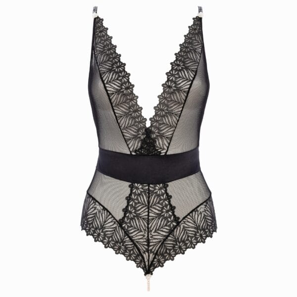 BRACLI Destinos - Body String Body string BRACLI Destinos en dentelle noire avec lurex et soie française, collier de perles amovible stimulant le point G, lingerie artisanale Made in Spain.