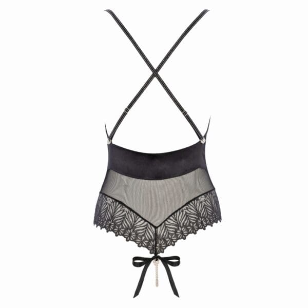 BRACLI Destinos - Body String Body string BRACLI Destinos en dentelle noire avec lurex et soie française, collier de perles amovible stimulant le point G, lingerie artisanale Made in Spain.