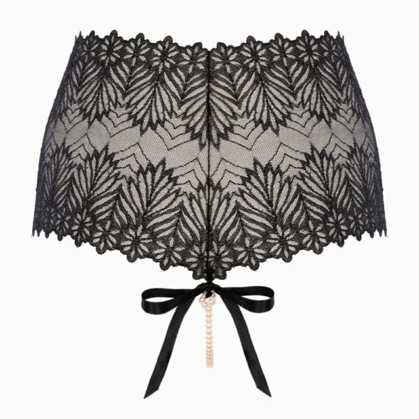 BRACLI Destinos high-waisted panties in black lace with lurex and removable G-spot-stimulating pearl necklace, handcrafted in Spain.