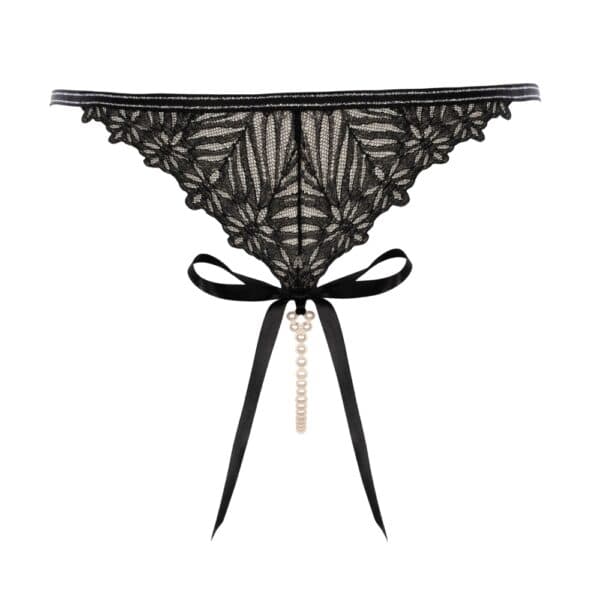 BRACLI Destinos - G-String Point G G-String BRACLI Destinos en dentelle noire avec lurex, détail perles de Manacor amovible, lingerie fine modulable et minimaliste, fabriquée à la main en Espagne.