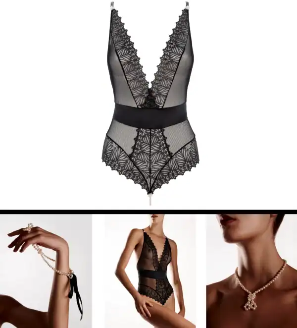 BRACLI Destinos - Body String Body string BRACLI Destinos en dentelle noire avec lurex et soie française, collier de perles amovible stimulant le point G, lingerie artisanale Made in Spain.