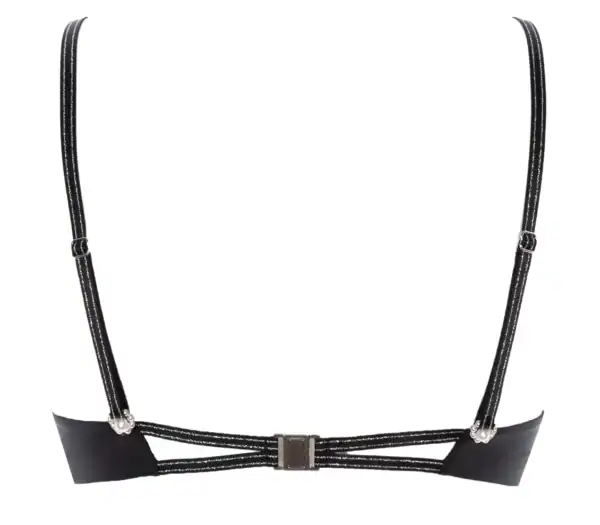 BRACLI Destinos - BH BRACLI Destinos BH aus schwarzer Spitze mit Lurex, französischer Seide, verstellbaren und abnehmbaren Trägern mit Perlmuttknöpfen, Perlenveredelung und silbernen Applikationen, handgefertigte Unterwäsche Made in Spain.