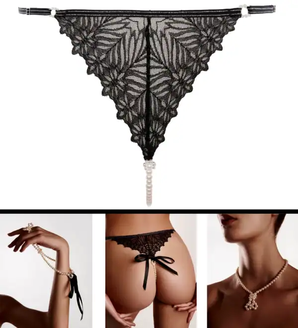 BRACLI Destinos - G-String Point G G-String BRACLI Destinos en dentelle noire avec lurex, détail perles de Manacor amovible, lingerie fine modulable et minimaliste, fabriquée à la main en Espagne.