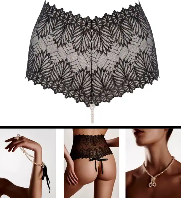BRACLI Destinos high-waisted panties in black lace with lurex and removable G-spot-stimulating pearl necklace, handcrafted in Spain.