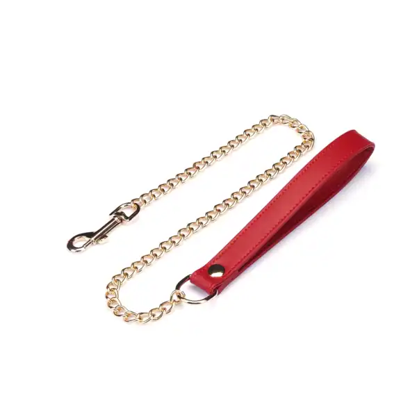 LIEBE SEELE Crimson Desire collar set de cuero rojo con collar ajustable, correa desmontable y cadena de metal dorado, se muestra sobre un fondo blanco en la vista detallada del producto