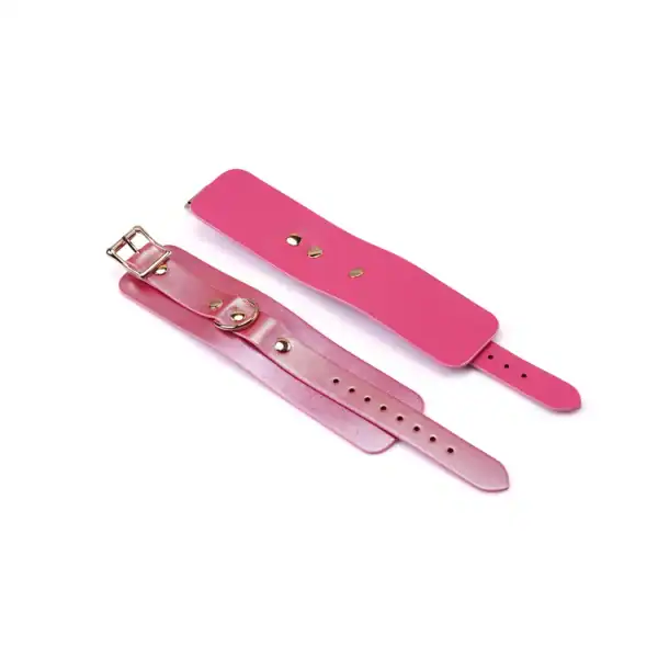 Handfesseln aus rosafarbenem, irisierendem Leder mit goldenen Schnallen und abnehmbarer Kette Lustre Rosa